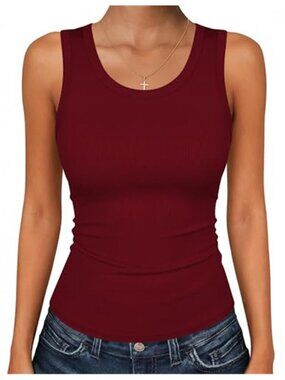 Womens Wine Red Ribbed Tank Top Scoop Neck Sleeveless Fitted Stretch Cami Tee